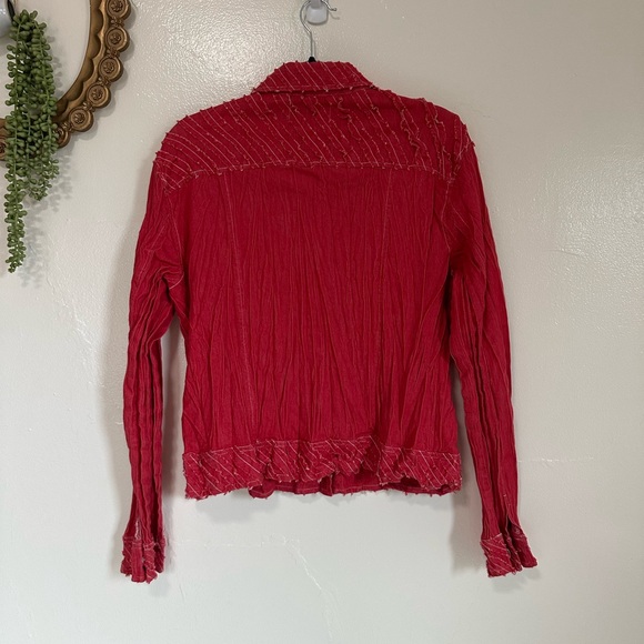 Vintage Rhonda Stark Red Crinkle Lightweight Shirt Jacket,  Raw Edge Detail, Lg - Picture 5 of 8